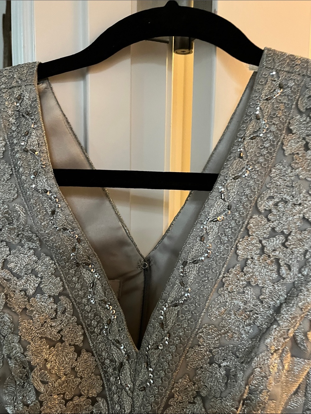 Kay Unger Silver Lace-Overlay Evening Gown - Picture 10 of 15